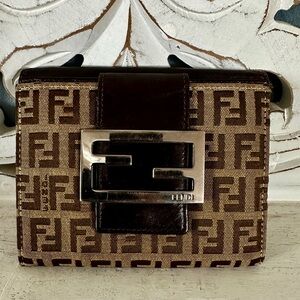 Fendi Zucca Canvas & Leather Wallet with FF Logo Buckle